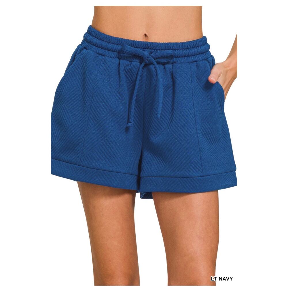 Zenana - Textured Knit Jacquard Drawstring Shorts (Lt Navy) - Small